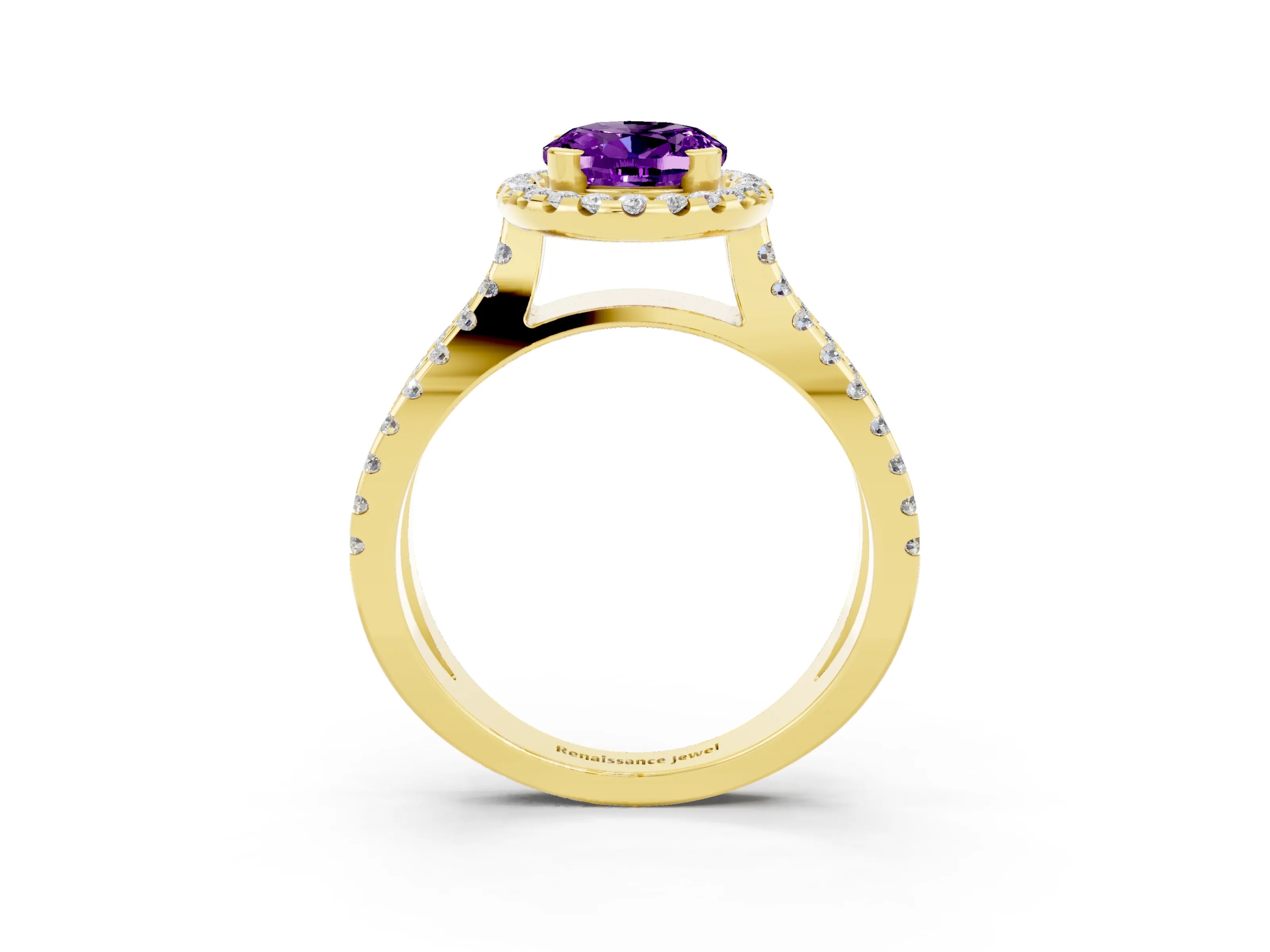 Yellow gold Oval Cut Amethyst Halo Ring with Split Shank Pavé Band and Prong Setting_3