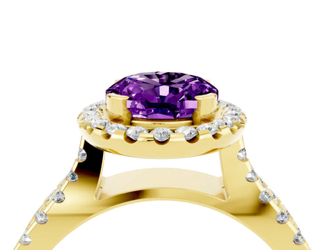 Yellow gold Oval Cut Amethyst Halo Ring with Split Shank Pavé Band and Prong Setting_4