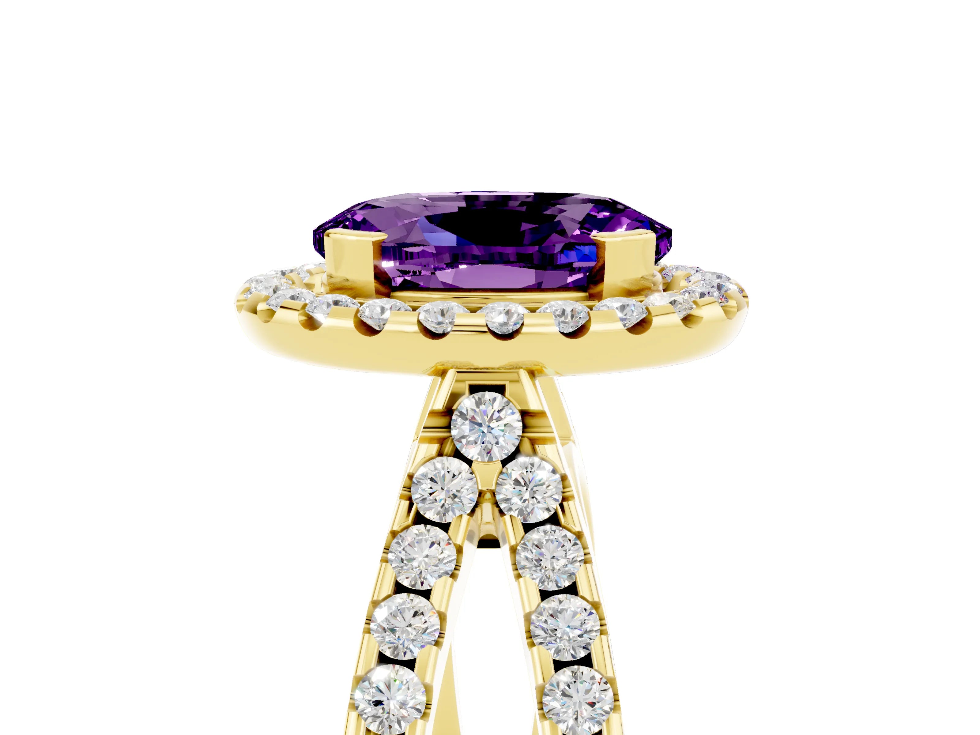 Yellow gold Oval Cut Amethyst Halo Ring with Split Shank Pavé Band and Prong Setting_5