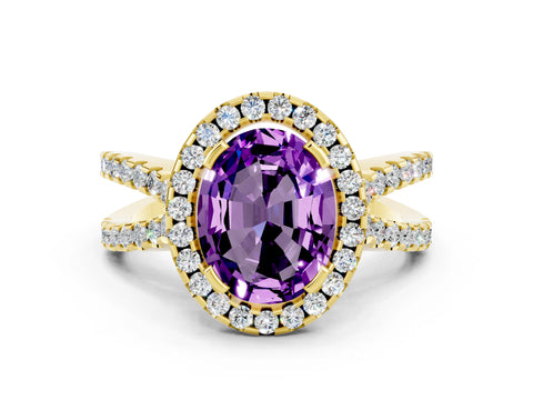 Yellow gold Oval Cut Amethyst Halo Ring with Split Shank Pavé Band and Prong Setting
