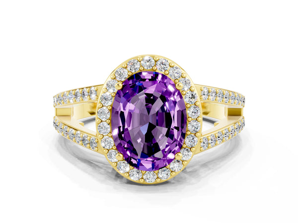 Yellow gold Oval Cut Amethyst Halo Ring with Split Shank U-Prong Band and Four-Prong Setting