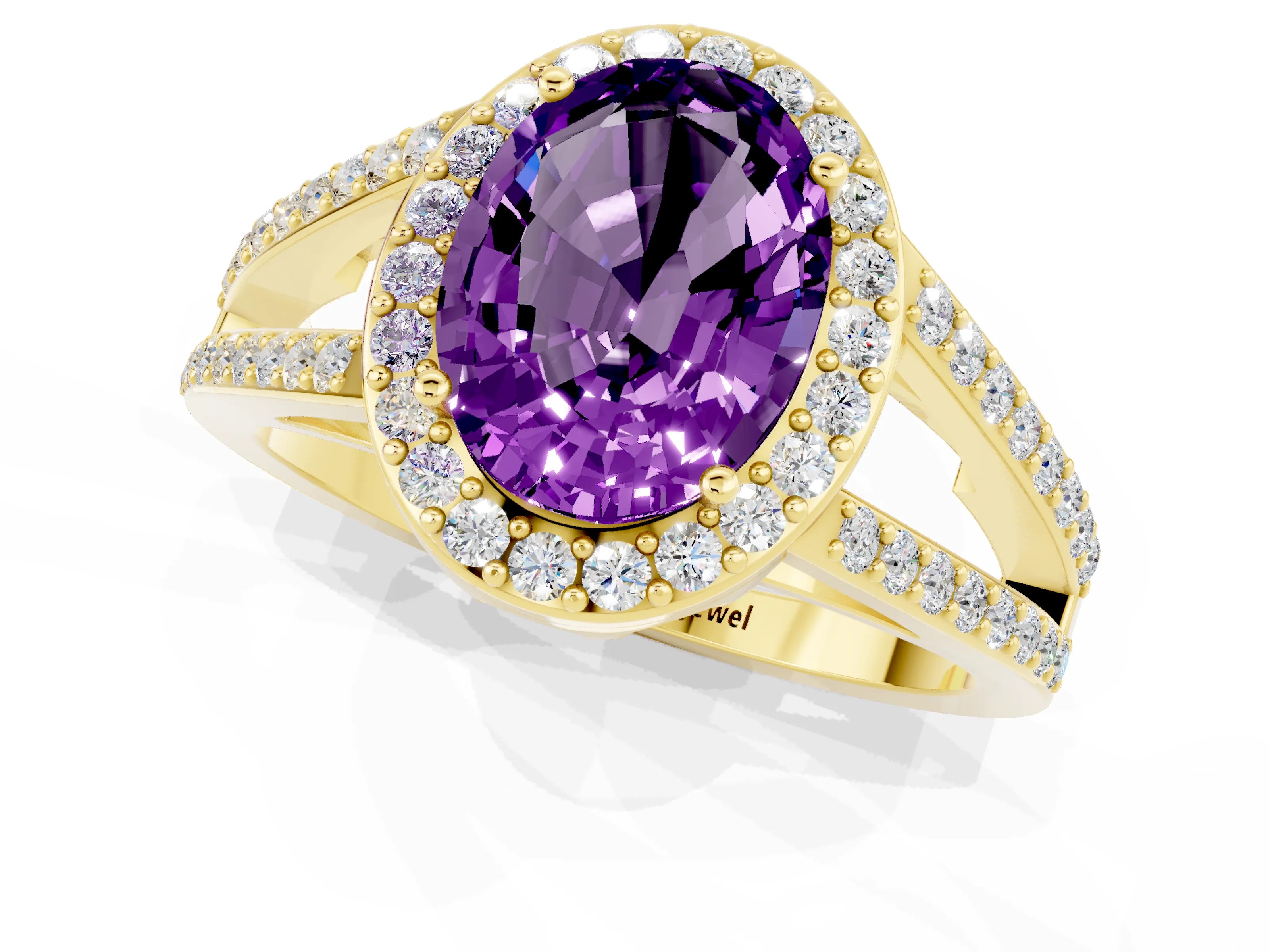 Yellow gold Oval Cut Amethyst Halo Ring with Split Shank U-Prong Band and Four-Prong Setting_1