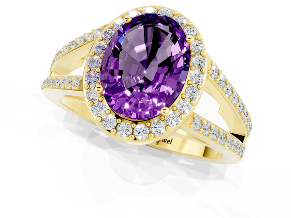 Yellow gold Oval Cut Amethyst Halo Ring with Split Shank U-Prong Band and Four-Prong Setting
