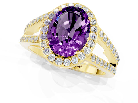 Yellow gold Oval Cut Amethyst Halo Ring with Split Shank U-Prong Band and Four-Prong Setting_1