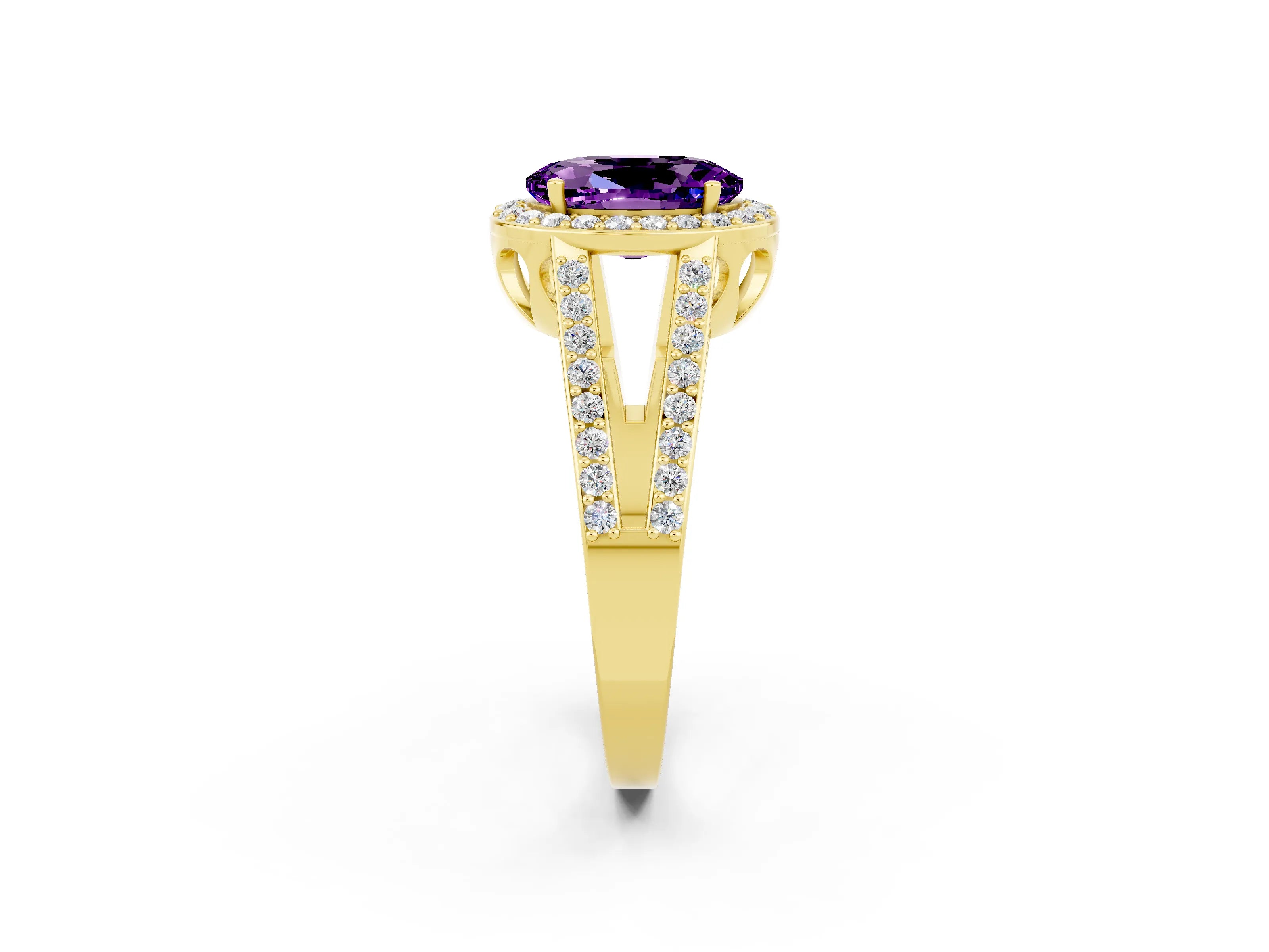 Yellow gold Oval Cut Amethyst Halo Ring with Split Shank U-Prong Band and Four-Prong Setting_2