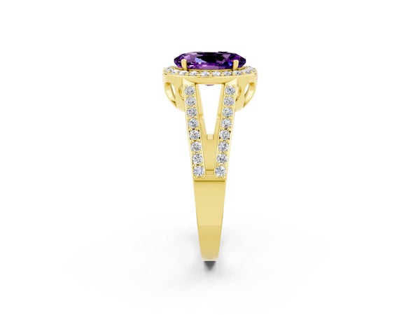 Yellow gold Oval Cut Amethyst Halo Ring with Split Shank U-Prong Band and Four-Prong Setting