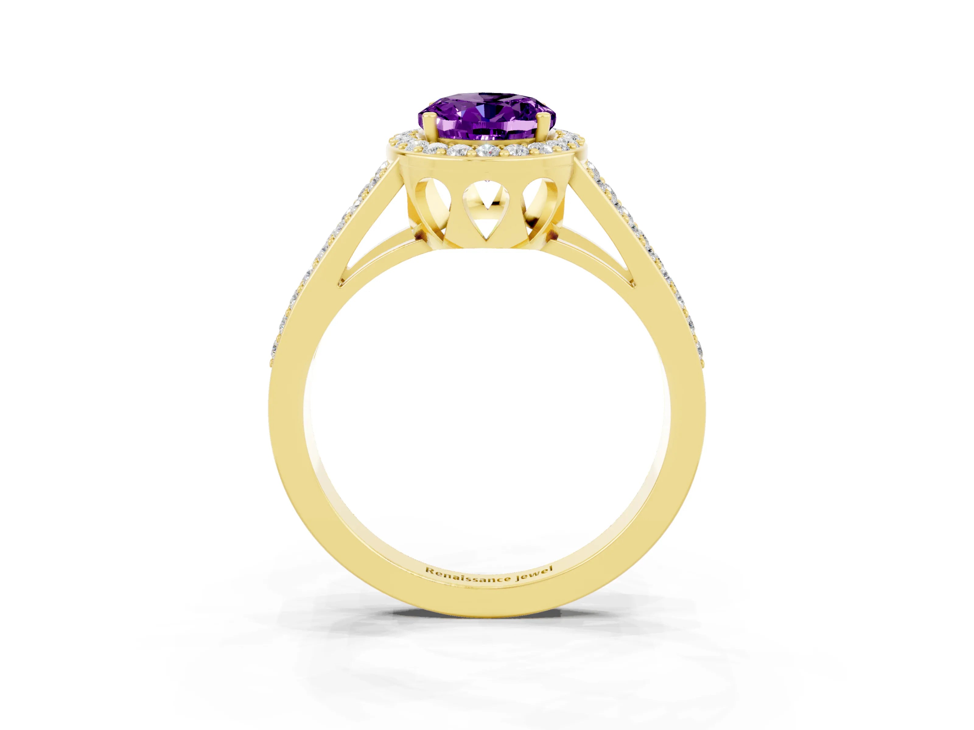Yellow gold Oval Cut Amethyst Halo Ring with Split Shank U-Prong Band and Four-Prong Setting_3