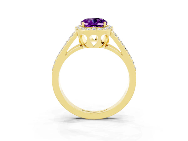 Yellow gold Oval Cut Amethyst Halo Ring with Split Shank U-Prong Band and Four-Prong Setting