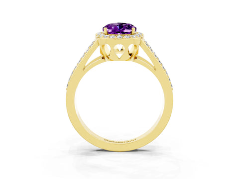 Yellow gold Oval Cut Amethyst Halo Ring with Split Shank U-Prong Band and Four-Prong Setting_3
