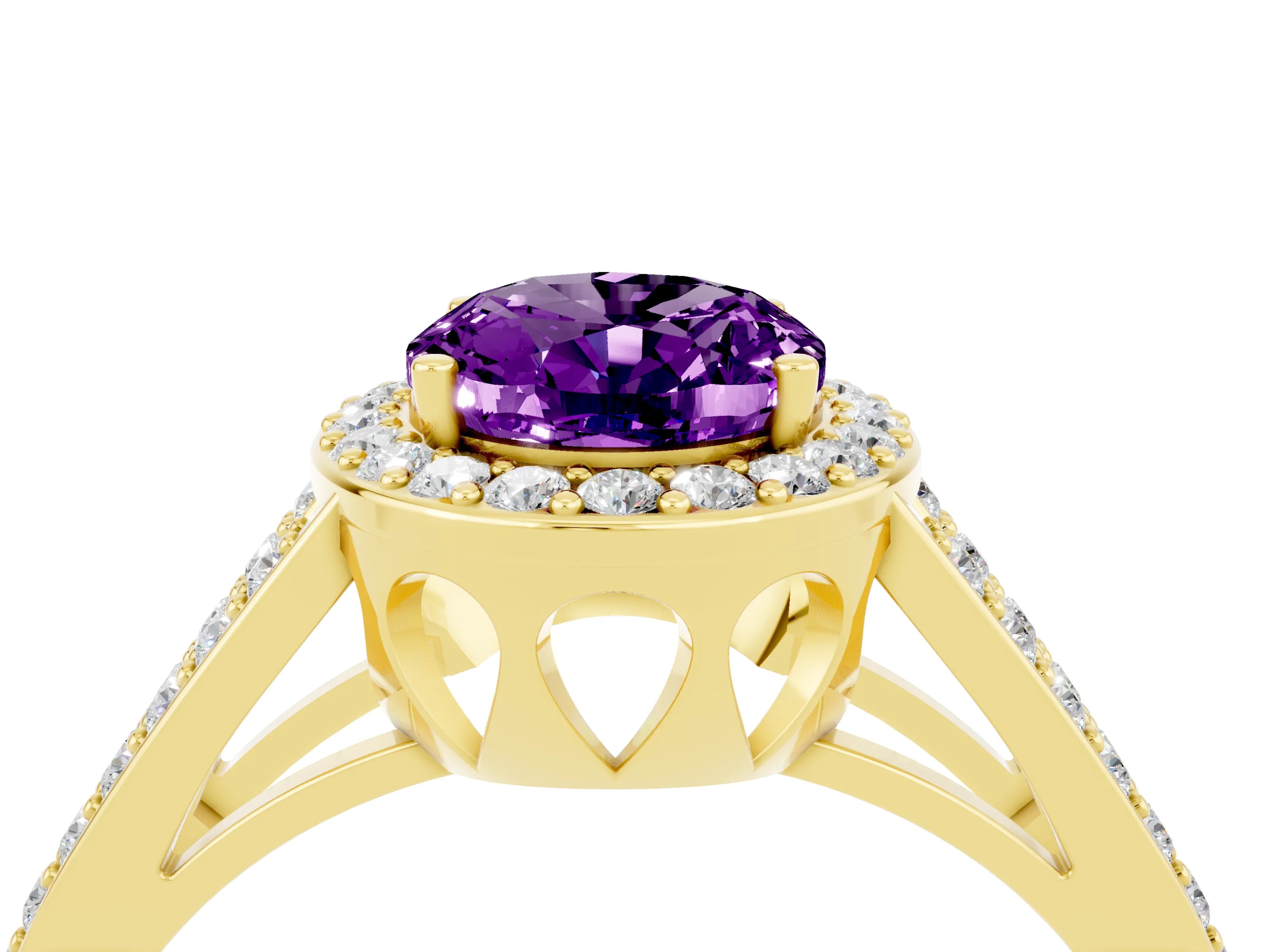 Yellow gold Oval Cut Amethyst Halo Ring with Split Shank U-Prong Band and Four-Prong Setting_4