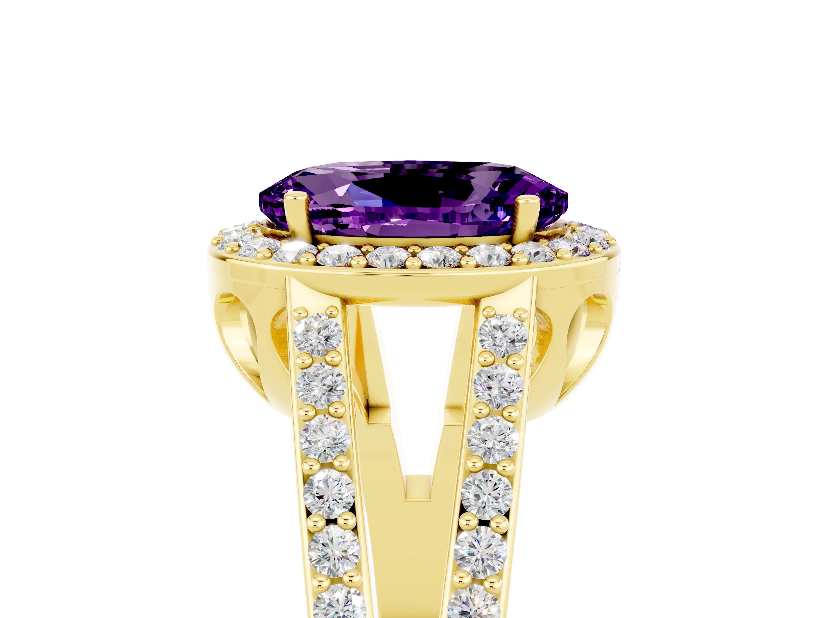 Yellow gold Oval Cut Amethyst Halo Ring with Split Shank U-Prong Band and Four-Prong Setting_5