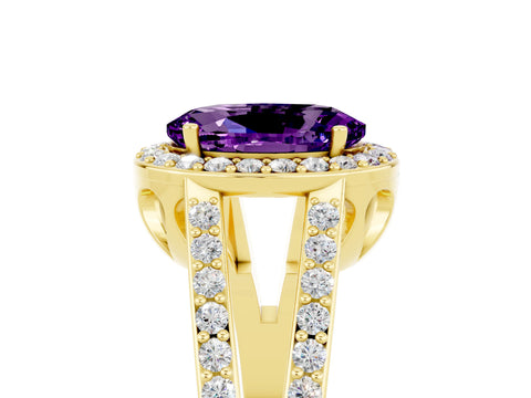 Yellow gold Oval Cut Amethyst Halo Ring with Split Shank U-Prong Band and Four-Prong Setting_5
