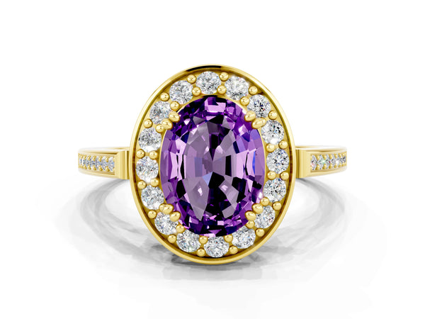 Yellow gold Oval Cut Amethyst Halo Ring with Split Shank and Four-Prong Setting