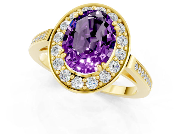 Yellow gold Oval Cut Amethyst Halo Ring with Split Shank and Four-Prong Setting