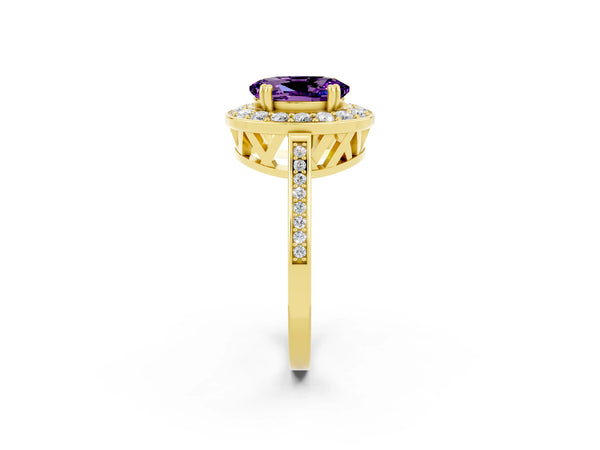 Yellow gold Oval Cut Amethyst Halo Ring with Split Shank and Four-Prong Setting