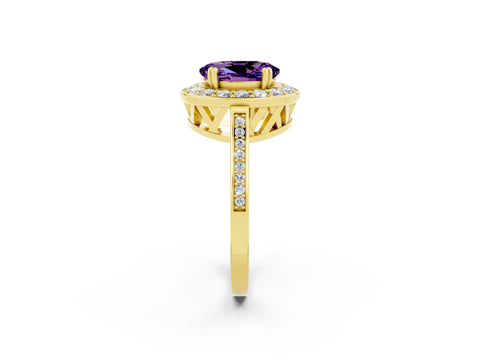 Yellow gold Oval Cut Amethyst Halo Ring with Split Shank and Four-Prong Setting_2