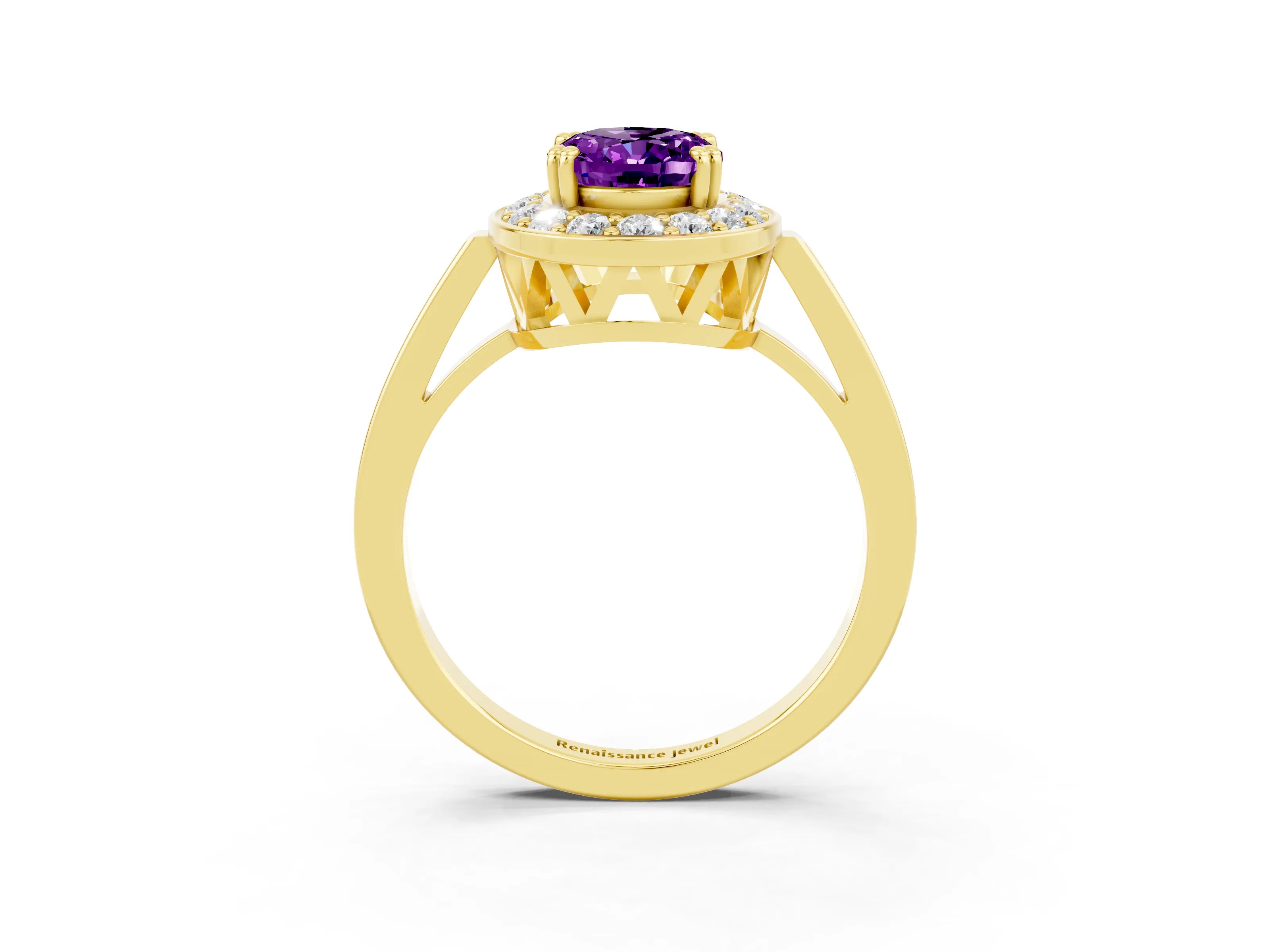 Yellow gold Oval Cut Amethyst Halo Ring with Split Shank and Four-Prong Setting_3