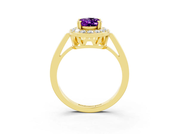 Yellow gold Oval Cut Amethyst Halo Ring with Split Shank and Four-Prong Setting