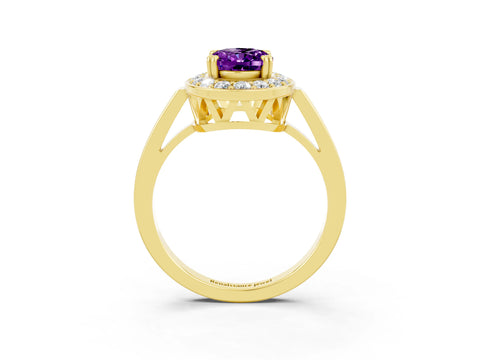 Yellow gold Oval Cut Amethyst Halo Ring with Split Shank and Four-Prong Setting_3