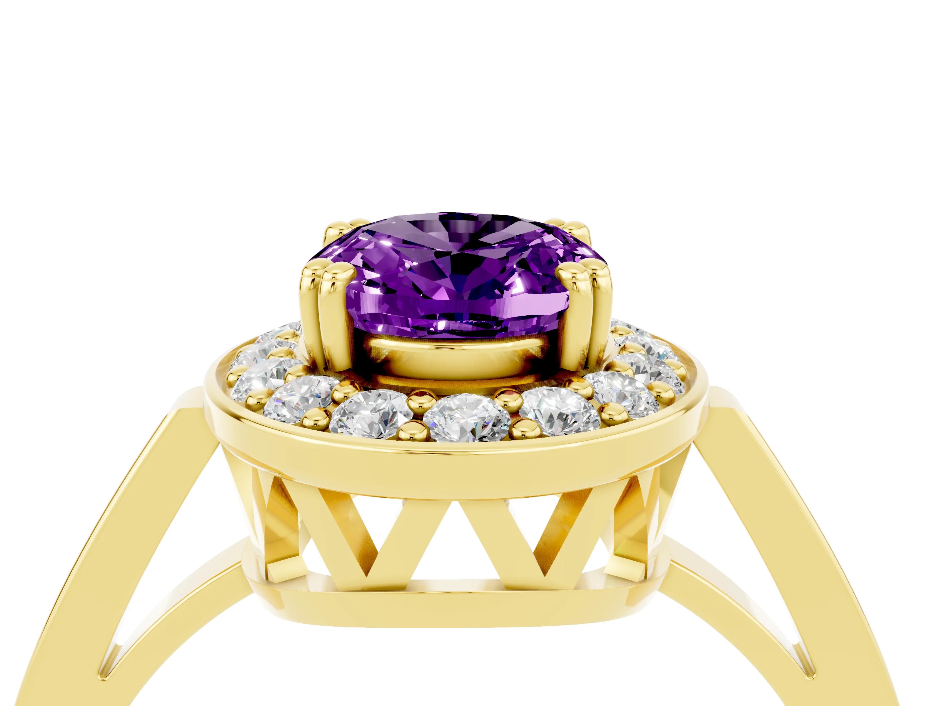 Yellow gold Oval Cut Amethyst Halo Ring with Split Shank and Four-Prong Setting_4