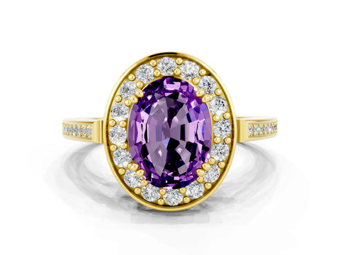 Yellow gold Oval Cut Amethyst Halo Ring with Split Shank and Four-Prong Setting