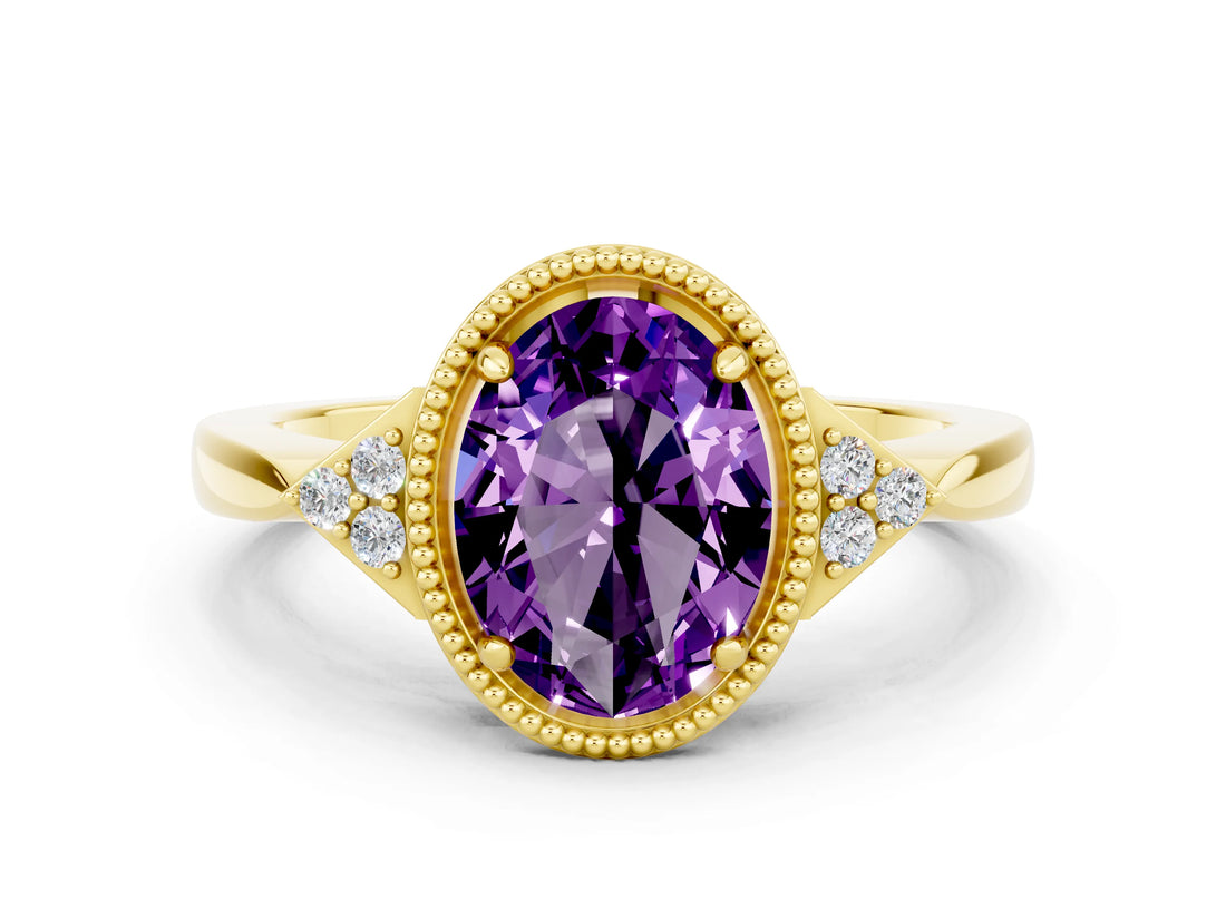 Yellow gold Oval Cut Amethyst Halo Ring with Tapered Band and Four-Prong Setting