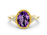 Yellow gold Oval Cut Amethyst Halo Ring with Tapered Band and Four-Prong Setting