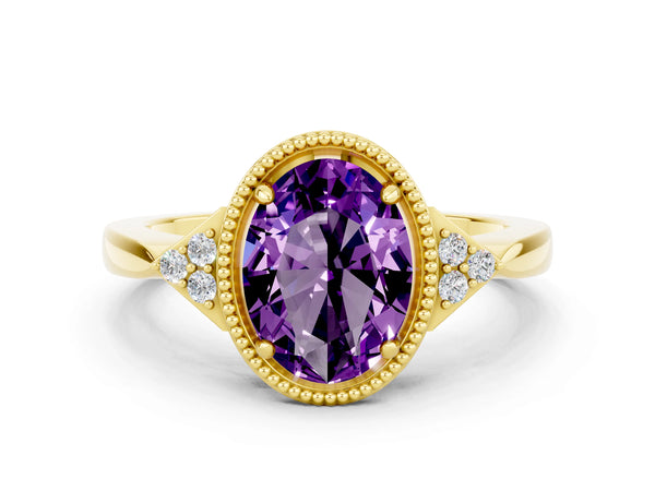 Yellow gold Oval Cut Amethyst Halo Ring with Tapered Band and Four-Prong Setting