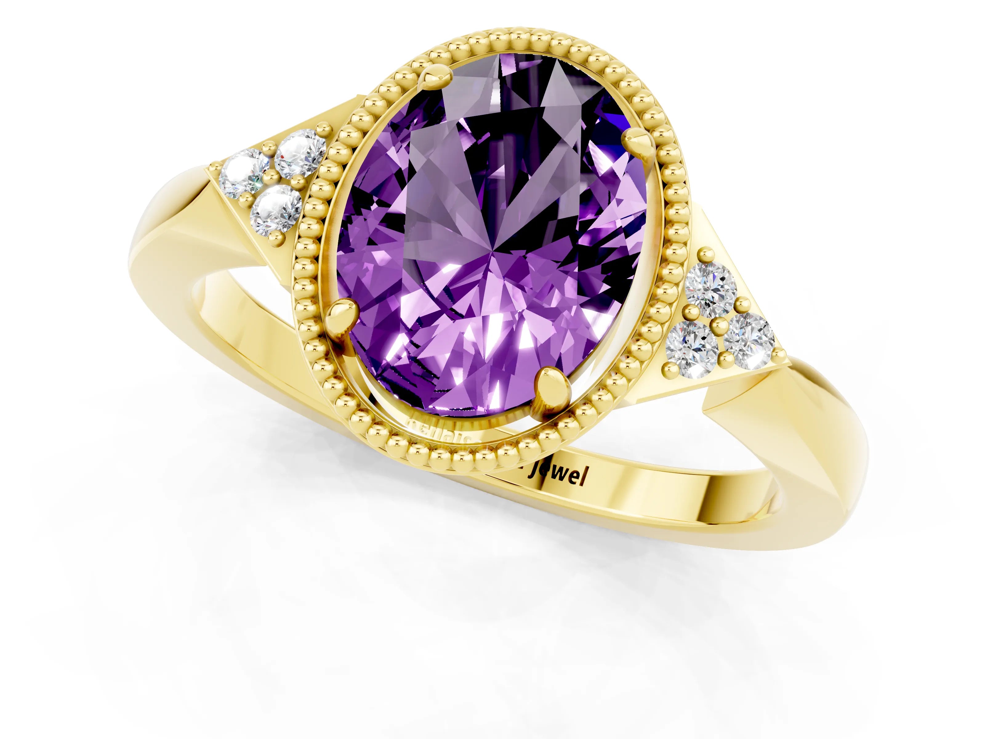 Yellow gold Oval Cut Amethyst Halo Ring with Tapered Band and Four-Prong Setting_1