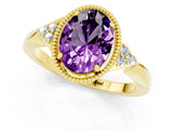 Yellow gold Oval Cut Amethyst Halo Ring with Tapered Band and Four-Prong Setting_1
