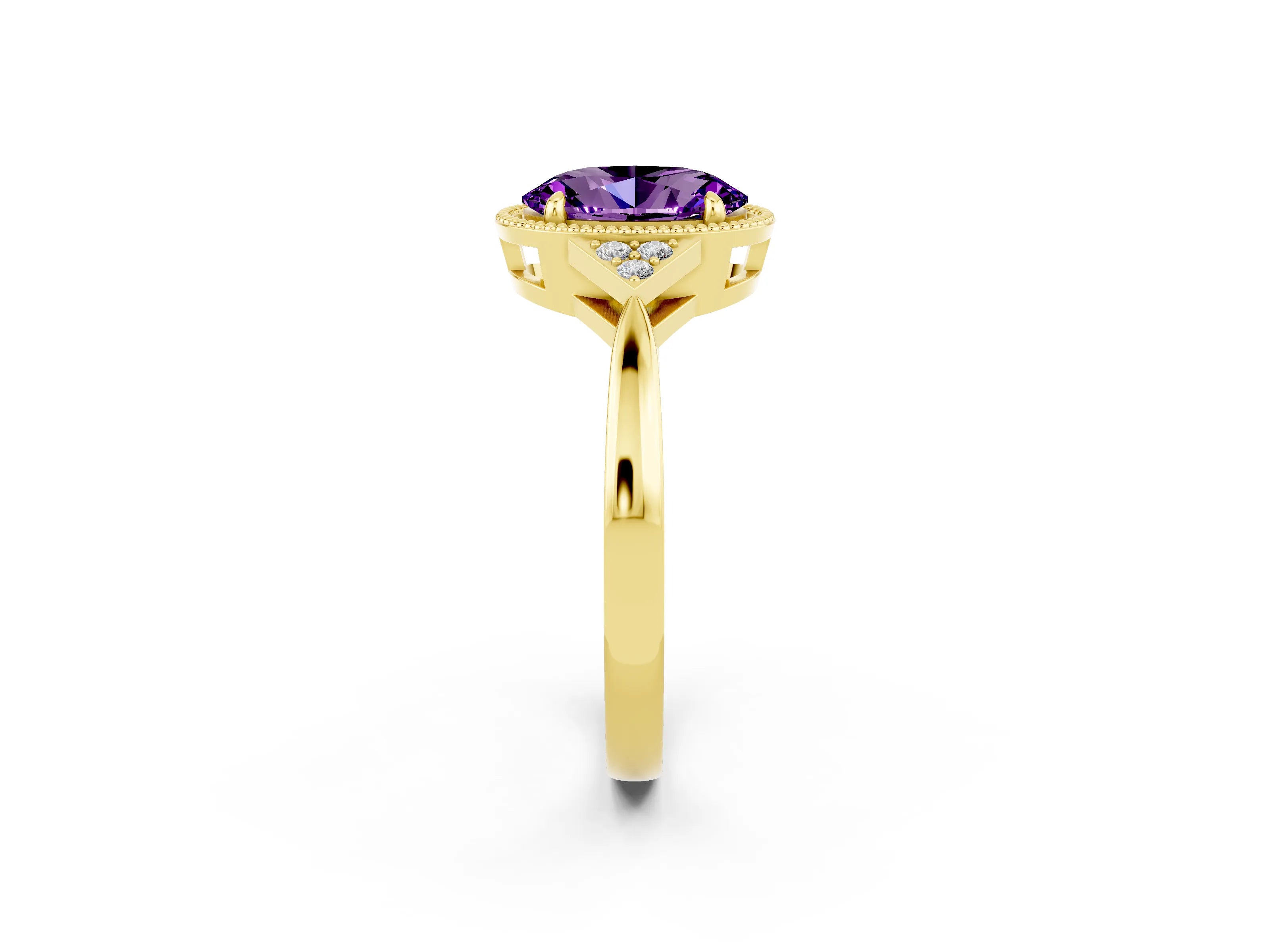 Yellow gold Oval Cut Amethyst Halo Ring with Tapered Band and Four-Prong Setting_2
