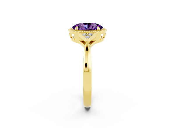 Yellow gold Oval Cut Amethyst Halo Ring with Tapered Band and Four-Prong Setting