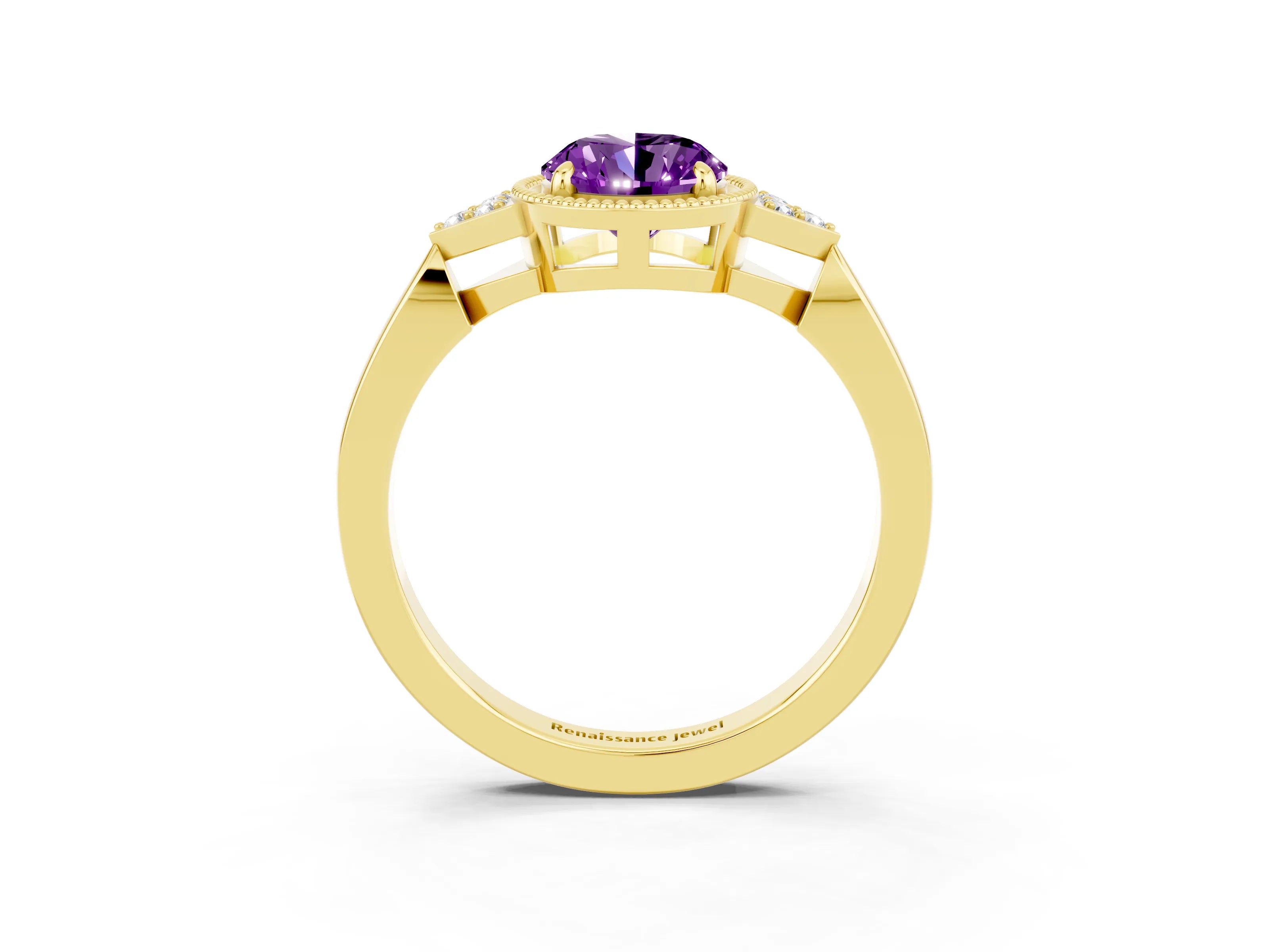 Yellow gold Oval Cut Amethyst Halo Ring with Tapered Band and Four-Prong Setting_3