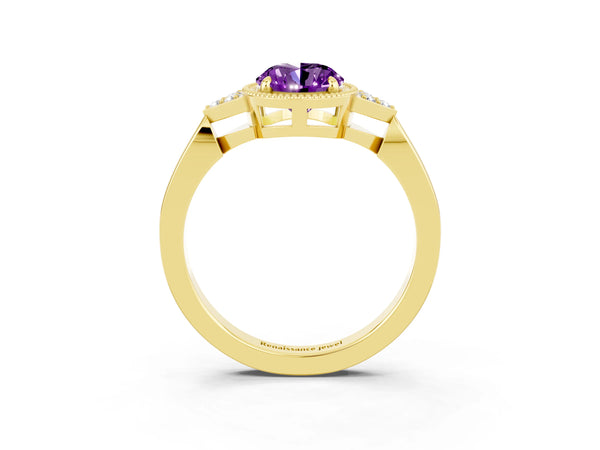 Yellow gold Oval Cut Amethyst Halo Ring with Tapered Band and Four-Prong Setting
