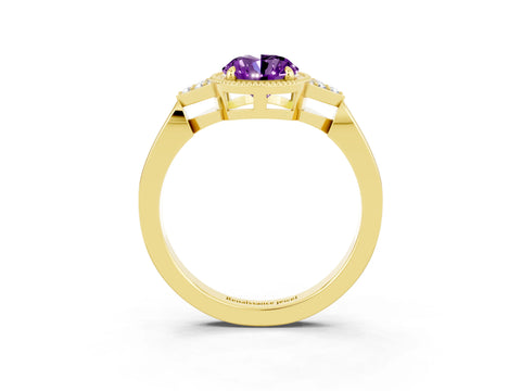 Yellow gold Oval Cut Amethyst Halo Ring with Tapered Band and Four-Prong Setting_3