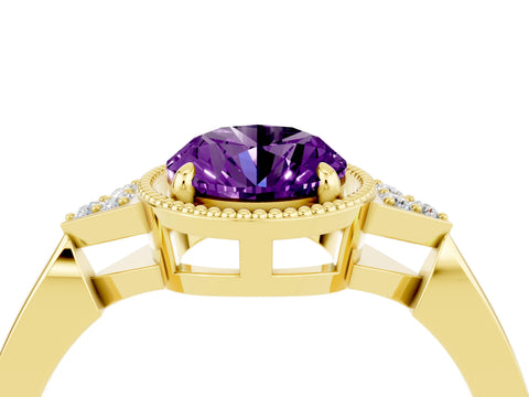 Yellow gold Oval Cut Amethyst Halo Ring with Tapered Band and Four-Prong Setting_4