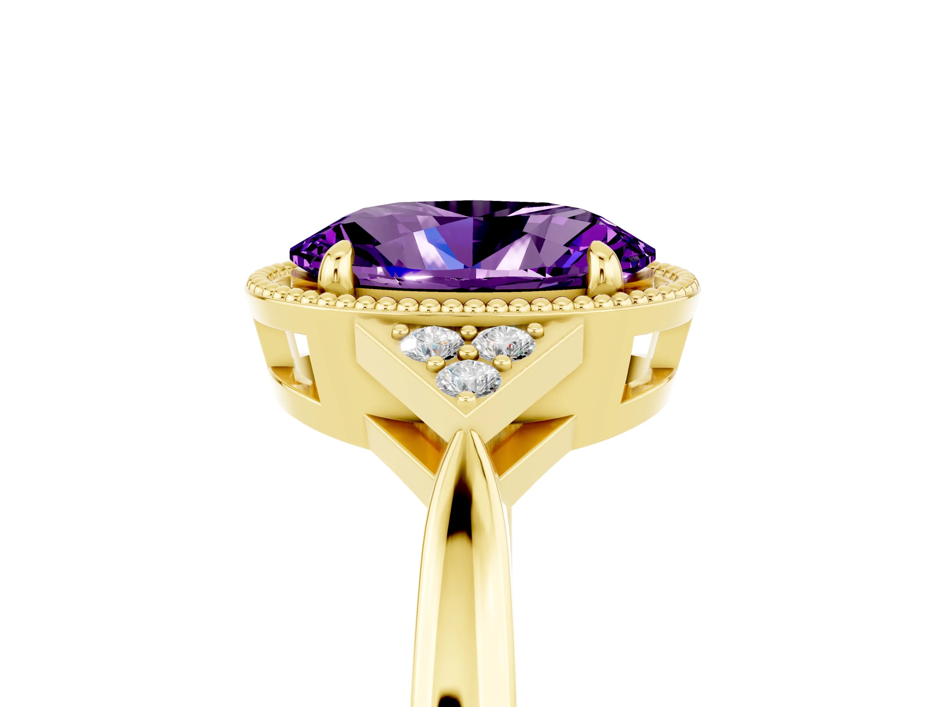 Yellow gold Oval Cut Amethyst Halo Ring with Tapered Band and Four-Prong Setting_5