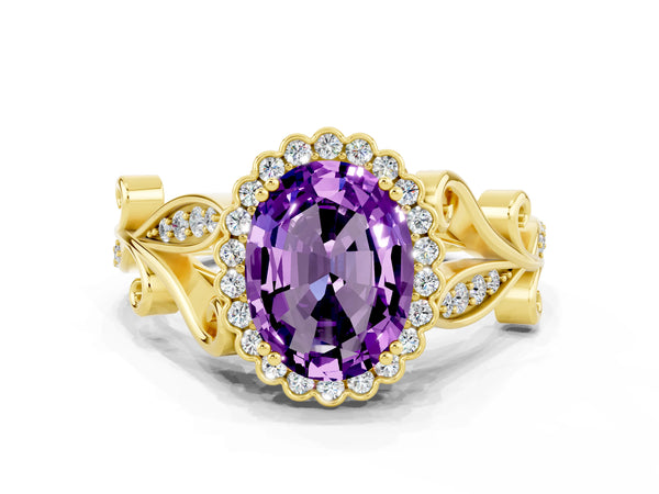 Yellow gold Oval Cut Amethyst Halo Ring with Vintage Split Shank and Four-Prong Setting