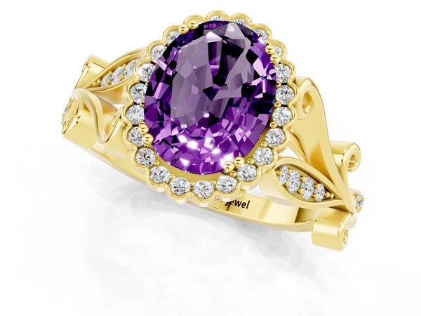 Yellow gold Oval Cut Amethyst Halo Ring with Vintage Split Shank and Four-Prong Setting