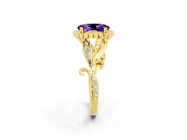 Yellow gold Oval Cut Amethyst Halo Ring with Vintage Split Shank and Four-Prong Setting