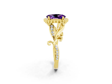 Yellow gold Oval Cut Amethyst Halo Ring with Vintage Split Shank and Four-Prong Setting_2