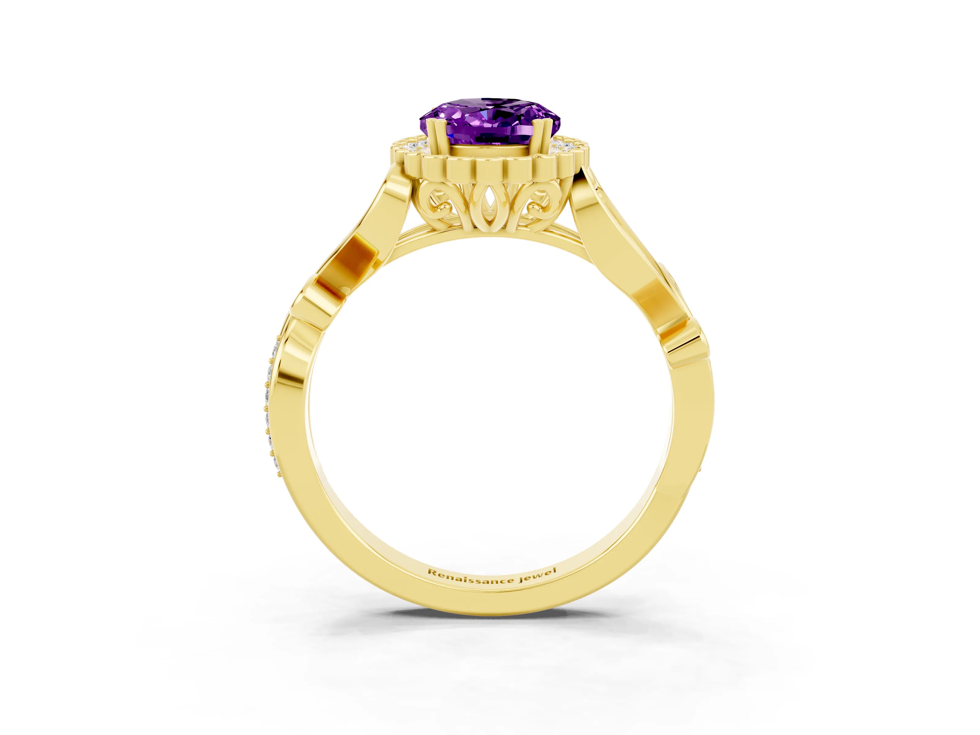 Yellow gold Oval Cut Amethyst Halo Ring with Vintage Split Shank and Four-Prong Setting_3