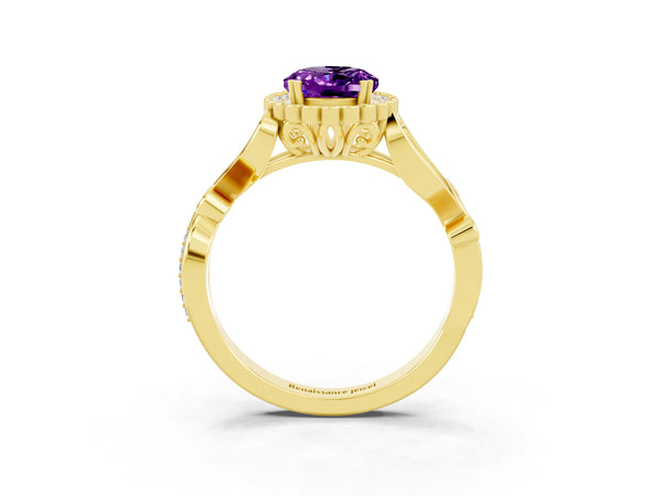 Yellow gold Oval Cut Amethyst Halo Ring with Vintage Split Shank and Four-Prong Setting