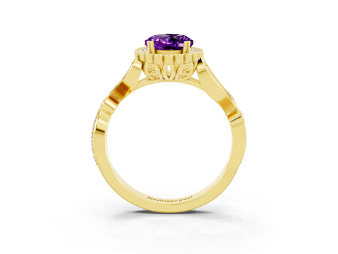 Yellow gold Oval Cut Amethyst Halo Ring with Vintage Split Shank and Four-Prong Setting_3
