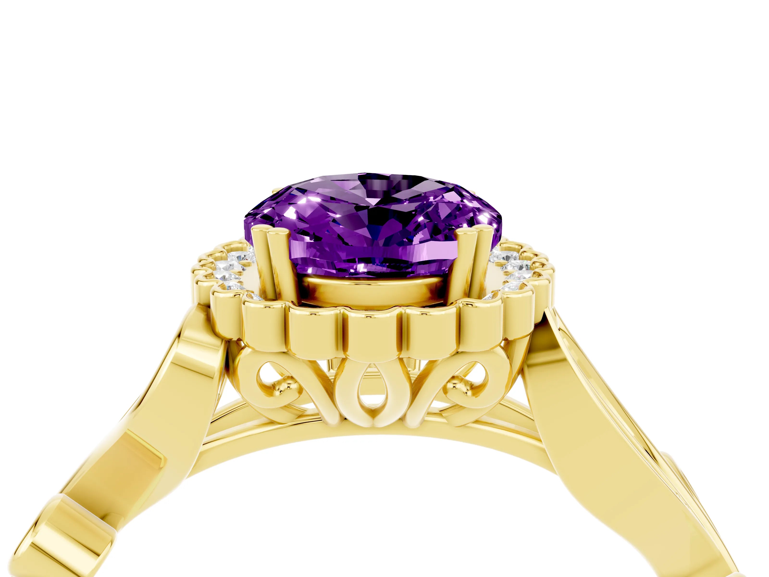 Yellow gold Oval Cut Amethyst Halo Ring with Vintage Split Shank and Four-Prong Setting_4