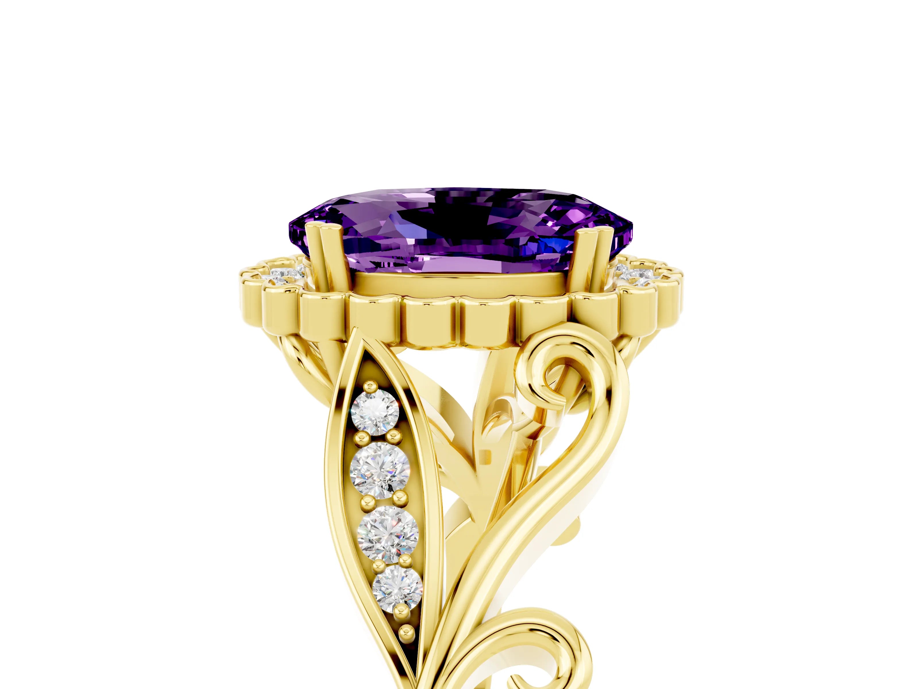 Yellow gold Oval Cut Amethyst Halo Ring with Vintage Split Shank and Four-Prong Setting_5