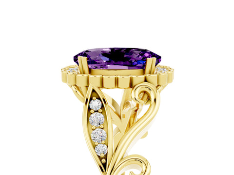 Yellow gold Oval Cut Amethyst Halo Ring with Vintage Split Shank and Four-Prong Setting_5