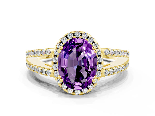 Yellow gold Oval Cut Amethyst Halo Split Shank Engagement Ring