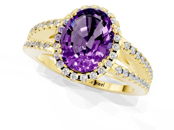 Yellow gold Oval Cut Amethyst Halo Split Shank Engagement Ring