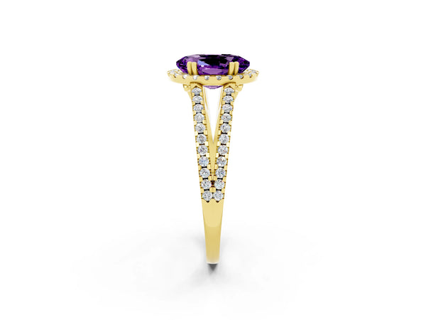 Yellow gold Oval Cut Amethyst Halo Split Shank Engagement Ring